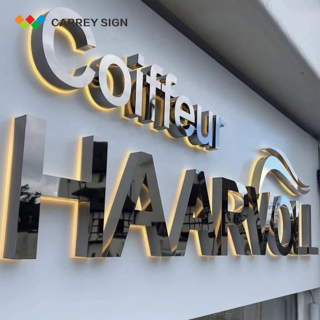 3D Backlit Logo Signage Exterior Shop Front Stainless Channel Signage Light Illuminated Led Signage Letters