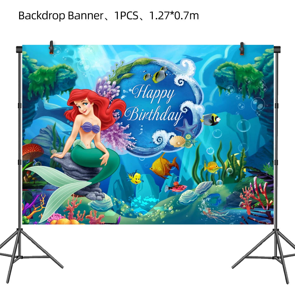 Disney Little Mermaid Theme Girl Kids First Birthday Party Decoration Disposable Tableware Plate Napkins Banner Ariel Backdrops