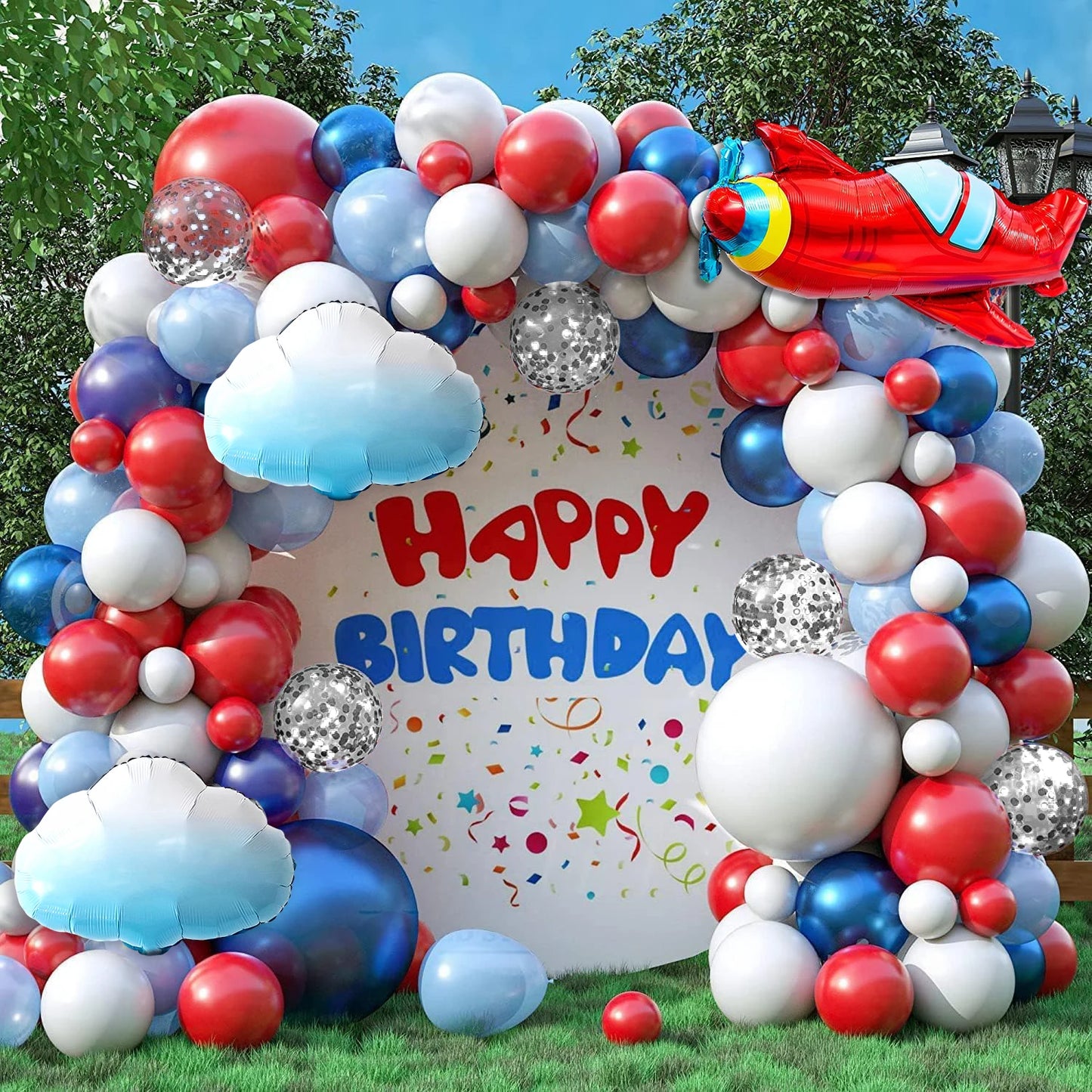 Red, White, and Blue Balloon Arch Set, 117 Pieces, Blue, Red, and White Balloons, White Cloud Airplane Foil Balloon Arch Kit, with Pearl Blue and Red Blue Sequin Latex Balloons, Suitable for Blue Sky and White Clouds Theme Bi
