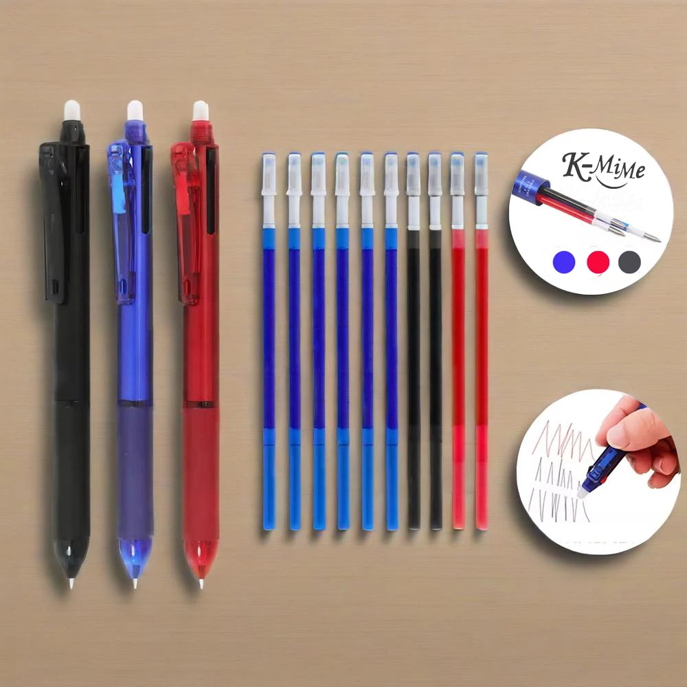 3 in 1 Colored Erasable Pen Set for School Writing, 3 pens + 10 refills