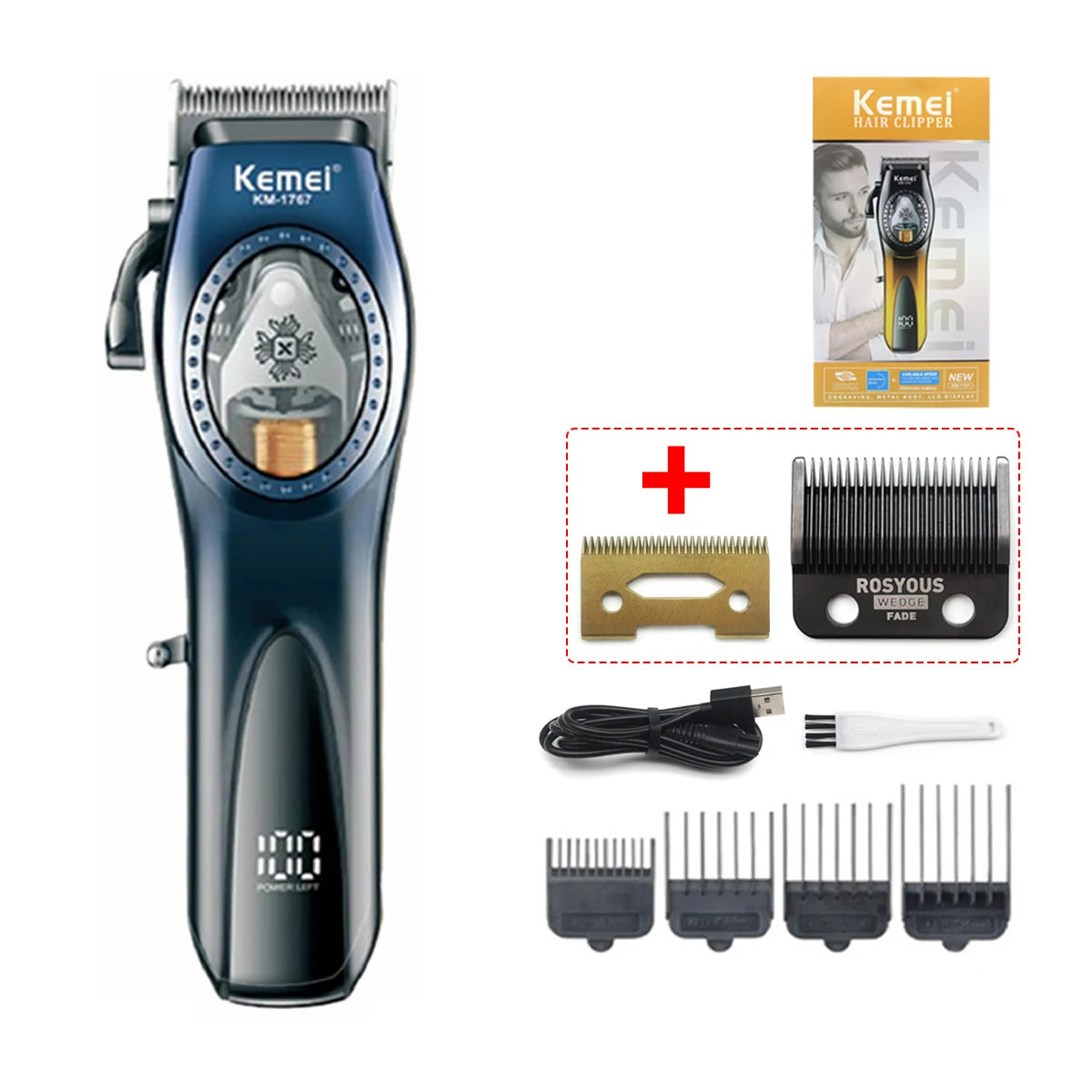 Kemei KM-1767 Magnetic Motor Professiona Men's Hair Clipper Ceramic DLC Blade Haircut Machine LCD Display Hair Trimmer 9000RPM