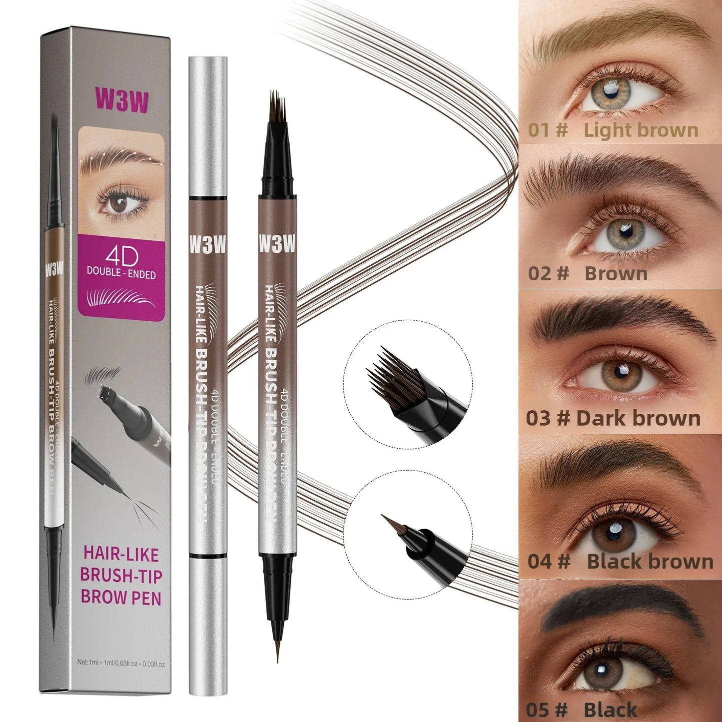 Dual Ended Eyebrow Pencil Waterproof Highly Pigmented Long Lasting Non Smudge 4D Microblading Effect 2 in 1 Liquid Pen