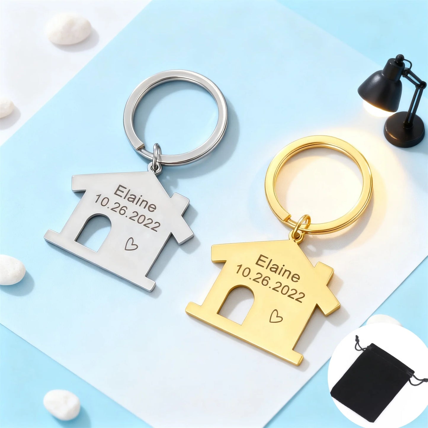 Customized Name Date House Keychain Stainless Steel Personalized Carving Surname Date Home Keychain Couple Family Gift