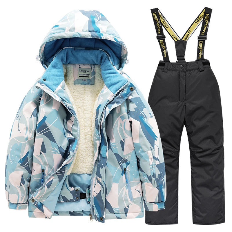 Children's skiing suit for boys and girls, thick, warm, waterproof, windproof outdoor skiing clothes and pants, all equipped