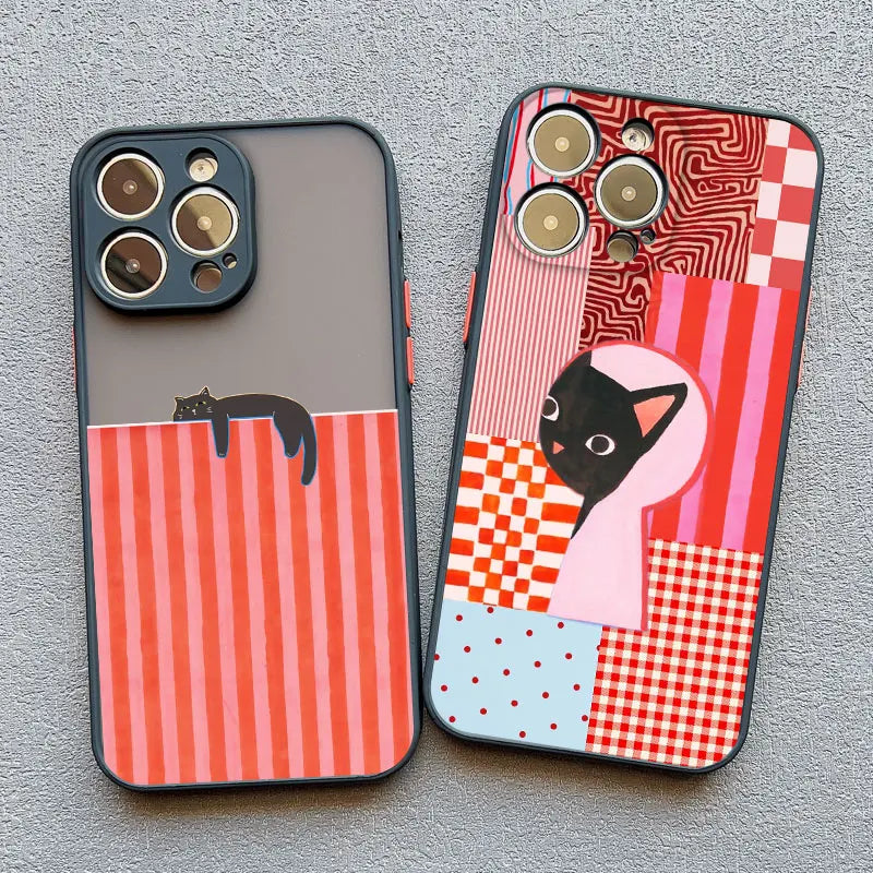 Artistic Black Cat Striped Pattern Phone Case For iPhone 15 14 Pro Max Plus 16 13 12 Mini 11 Pro Max XS X XR 17 Pro Max Covers