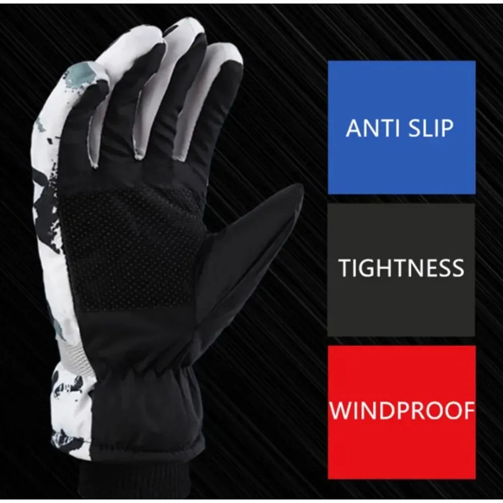 Ski Gloves Unisex Winter Fleece Warm Heating Gloves Waterproof PU Leather Non-slip Touch Screen Motorcycle Snow Sports Gloves