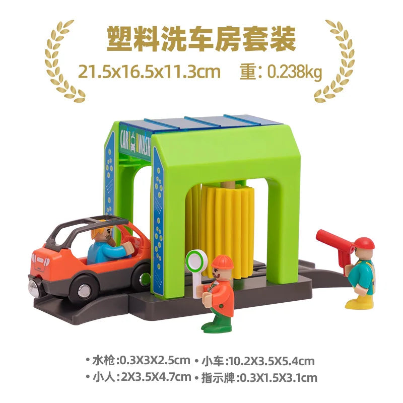 Wooden Train Track Plastic car wash Police Office Fire Department Scene Simulation Play Wooden Railway Track Car toys