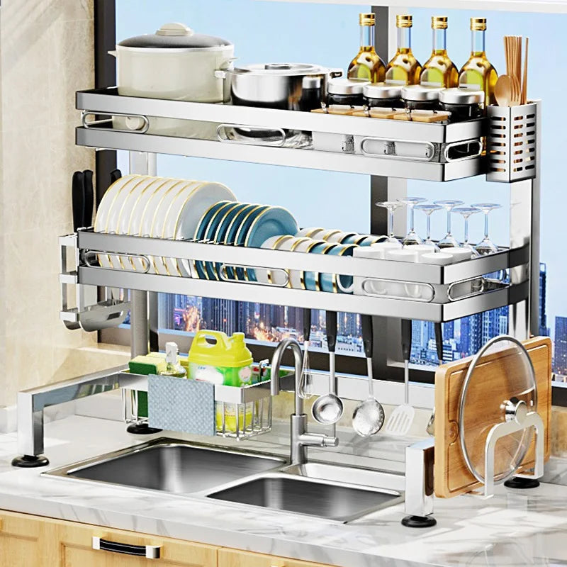Stainless Steel Kitchen Sink Organizer Rack - Over Sink Dish Drying Rack with Cutlery Holder