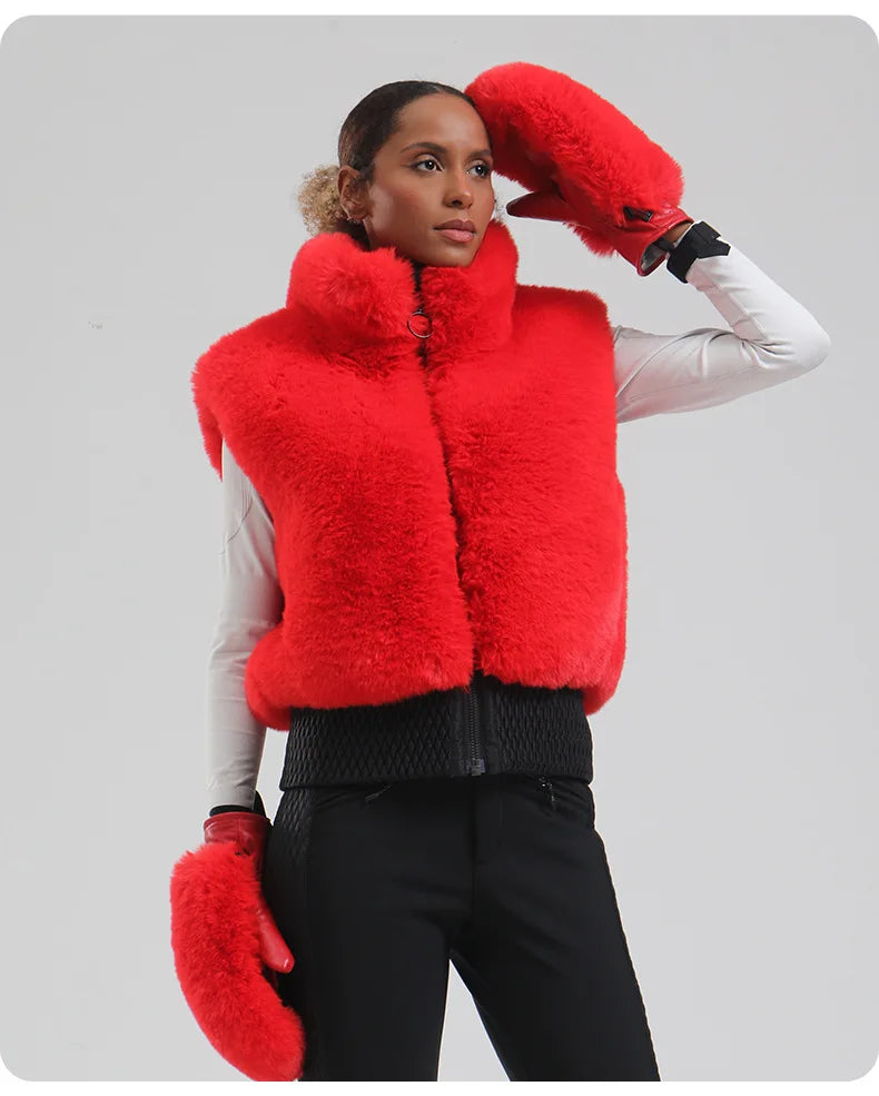 GSOU SNOW Women Fuzzy Faux Fur Vest coat ski Jacket Sleeveless Zip Shaggy Waistcoat Winter Daily Warm Outdoor Sport
