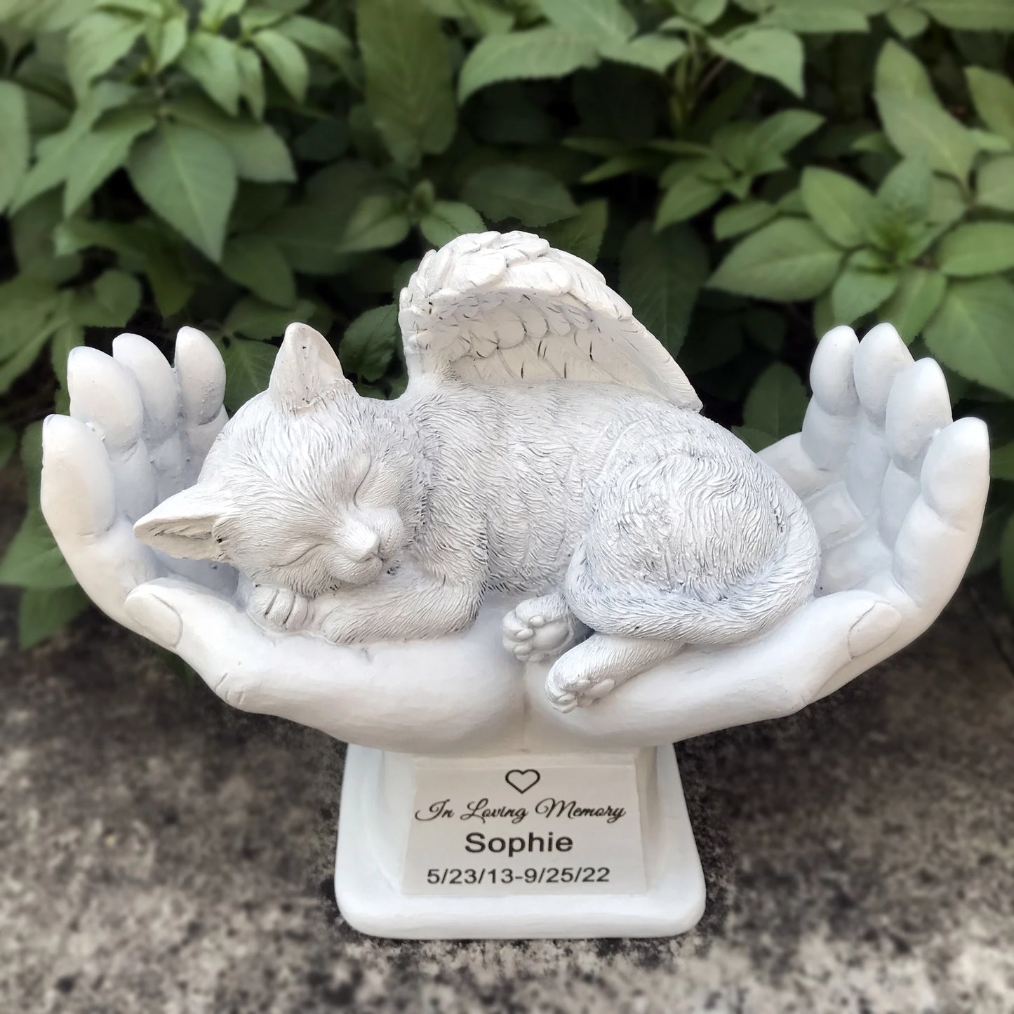 Personalized Cat Pet Grave Markers Memorial Angel Statue Stone with in God's Hands, Cat Pet Headstone Garden Stone