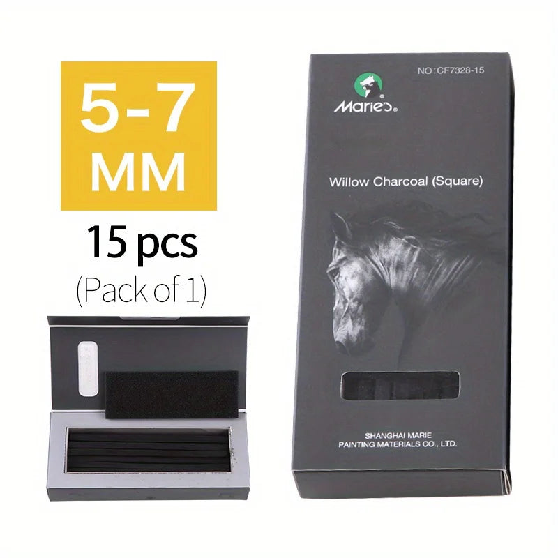 Marie's 15pcs 5-7mm/7-9mm Black Willow Charcoal Sticks,Soft for Blending,Sketching,Shading,Art Supplie for Artists,Painter,Adult