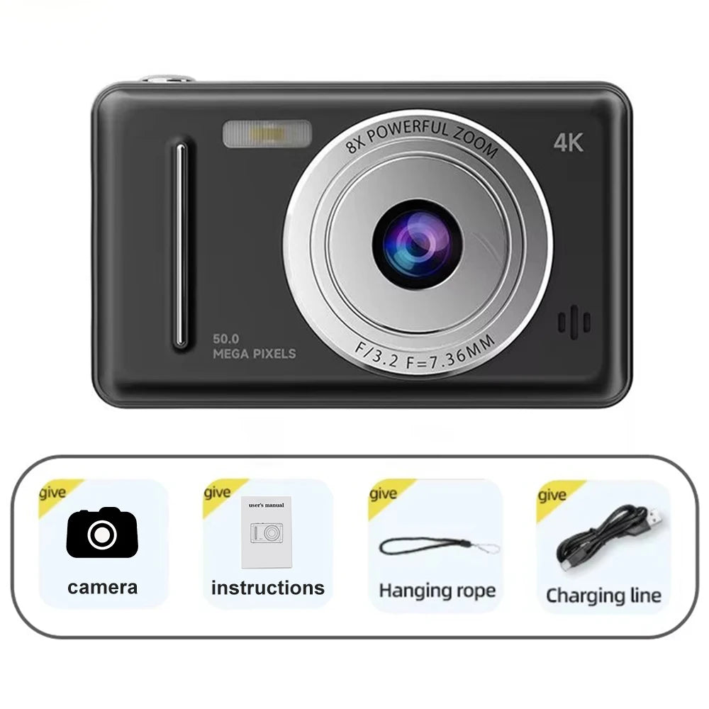 NEW 4K CCD 8X Digital Zoom Digital Camera for Student 48MP Compact Digital Photography Camera 180 Flip Screen Selfile Camera