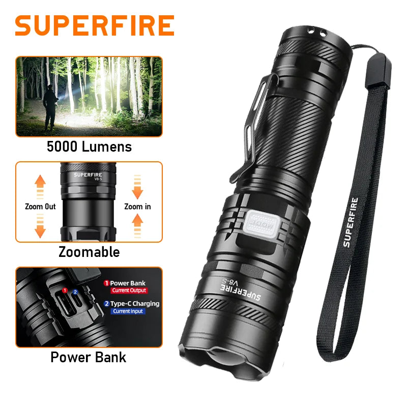 Premium 36W High Power LED Flashlight - Waterproof Tactical Torch with USB-C