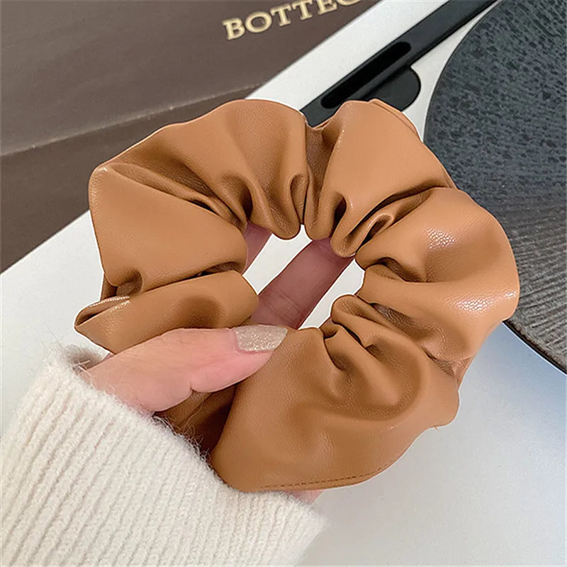 Solid color PU Leather Large Intestine Hair Rope for Woman elegant Does Not Hurt The Hair Hair Ties Fashion Girl High Ponytail S
