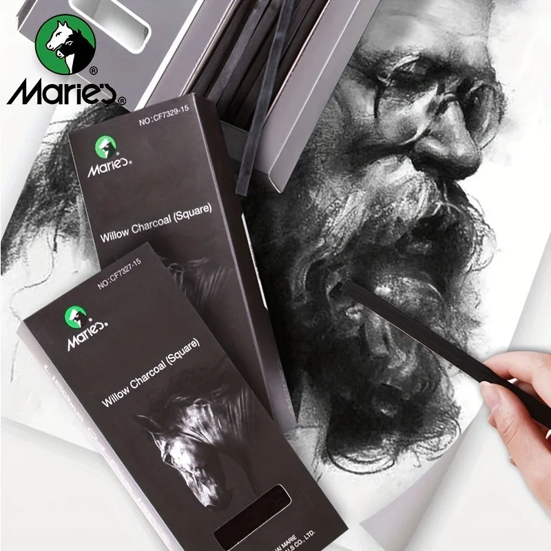 Marie's 15pcs 5-7mm/7-9mm Black Willow Charcoal Sticks,Soft for Blending,Sketching,Shading,Art Supplie for Artists,Painter,Adult