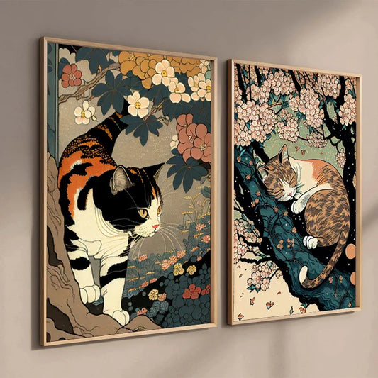 Japanese Ukiyo-e Style Vintage Sleeping Cat Posters Prints Canvas Painting Animal Wall Art Picture for Living Room Home Decor