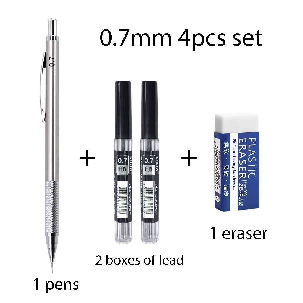 0.5 0.7 0.9 1.3 2.0mm Metal Anti Slip Automatic Pencil Set with HB Lead School Office Writing Stationery Supplies Smooth Writing