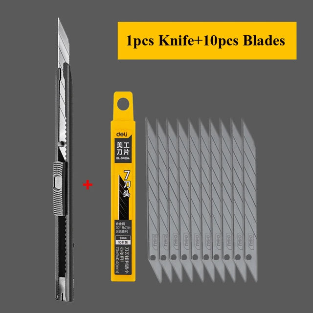 Deli Retractable Box Cutter 9mm 30 Degree Blade Utility Knife Carbon Steel Self-Locking Design Cutting Tools Wallpaper Carton