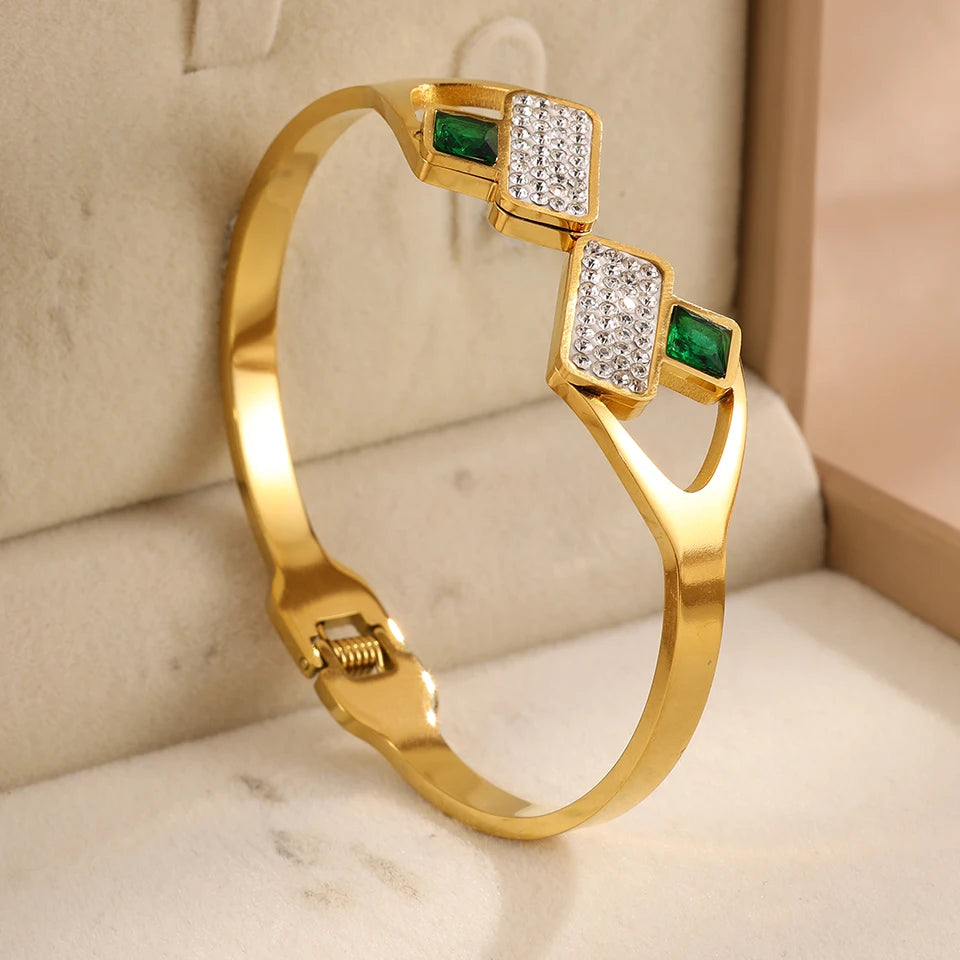 Yupsk 3Pcs/Set 316L Stainless Steel Green Zircon Inlaid Bracelets for Women Fashion Versatile Jewelry for Every Occasions