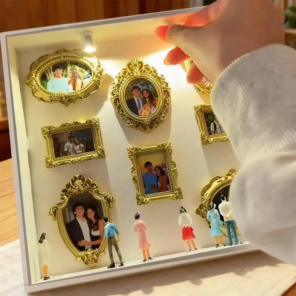 1pcs Mini Museum Photo Album Mini Museum Silhouette Box Stylish Creative Memory Display Kit with Miniature Statue and Gold Frame
