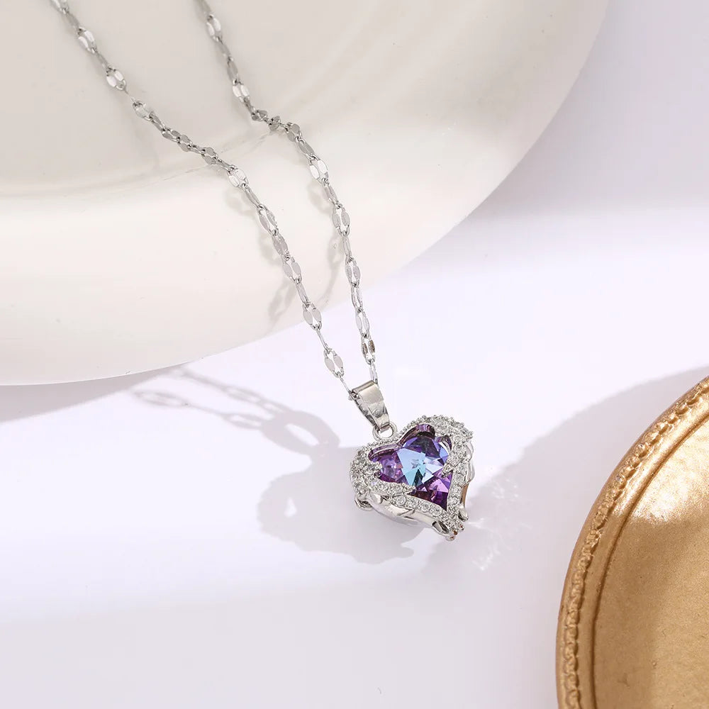 Top Luxury Colorful Crystal Ocean Heart Pendant Necklace For Women Trendy 316L Stainless Steel Jewelry Female Wedding Neck Chain