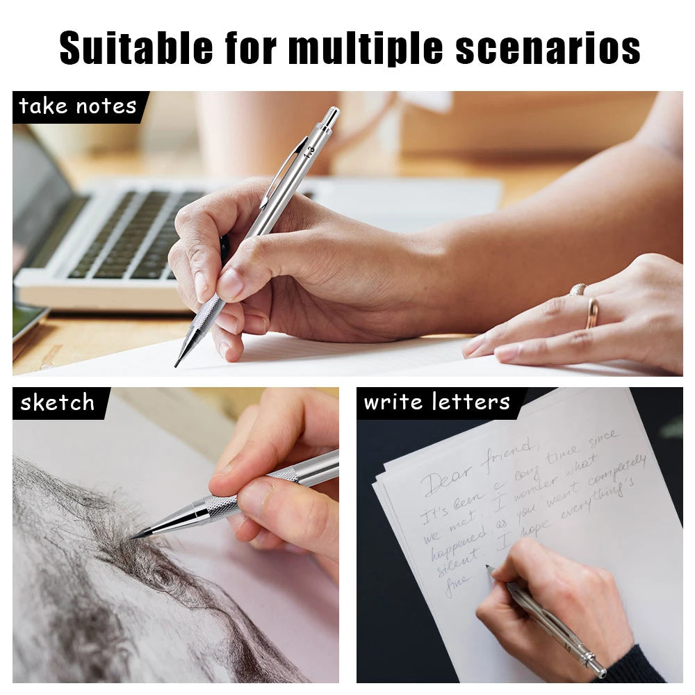 0.5 0.7 0.9 1.3 2.0mm Metal Anti Slip Automatic Pencil Set with HB Lead School Office Writing Stationery Supplies Smooth Writing