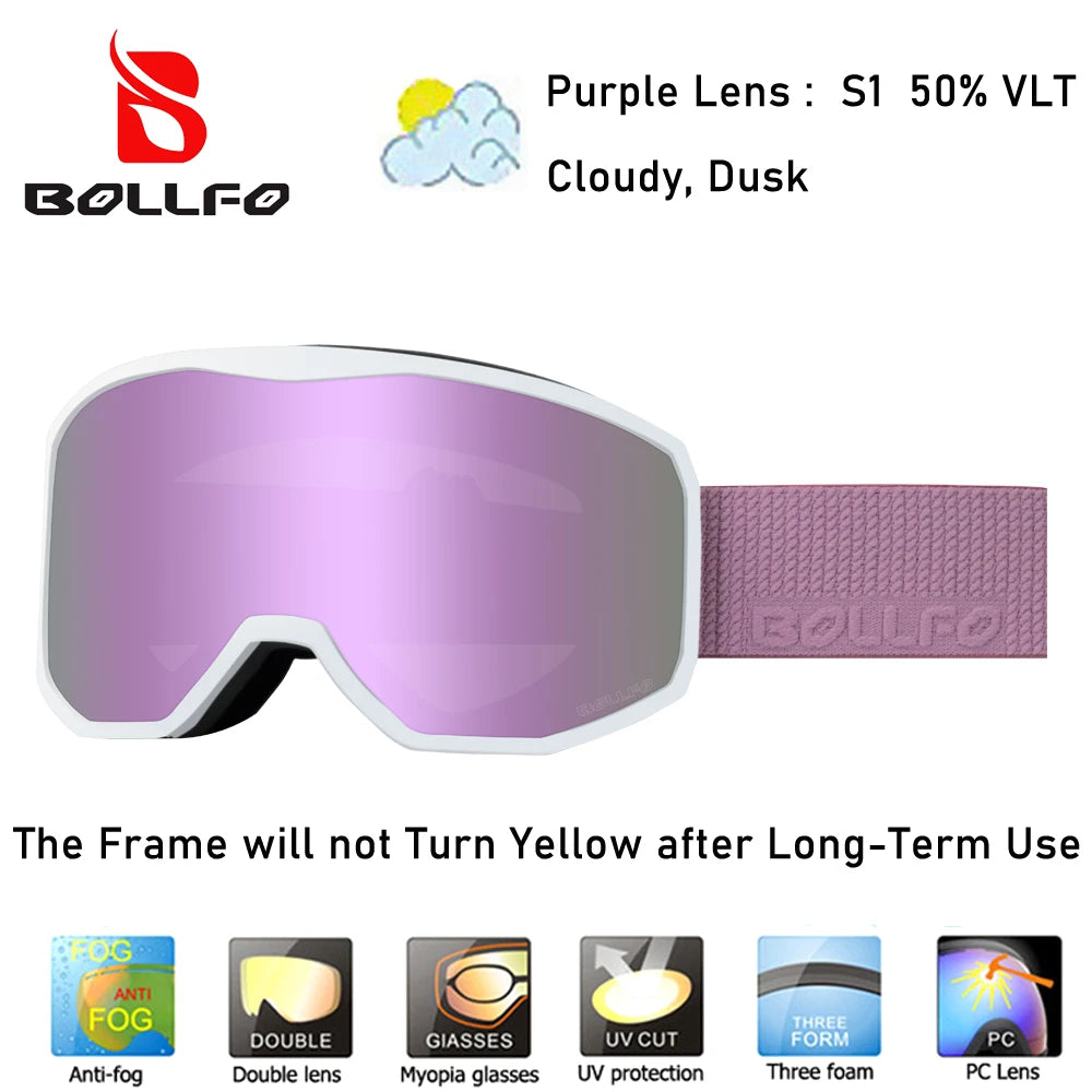 BOLLFO Ski Snowboard Goggles OTG Wide Vision Anti Fog UV Protection Snow Goggles for Men And Women Snowboarding Antiparras
