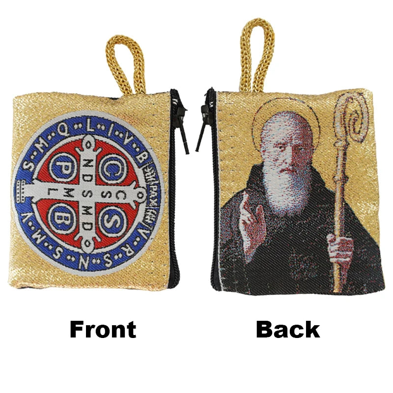 Gold Thread Embroidery Rosary Pouch Embroidered Catholic Image Icon Prayer Bag Religious Jewelry Storage Box 6.6x7.2cm