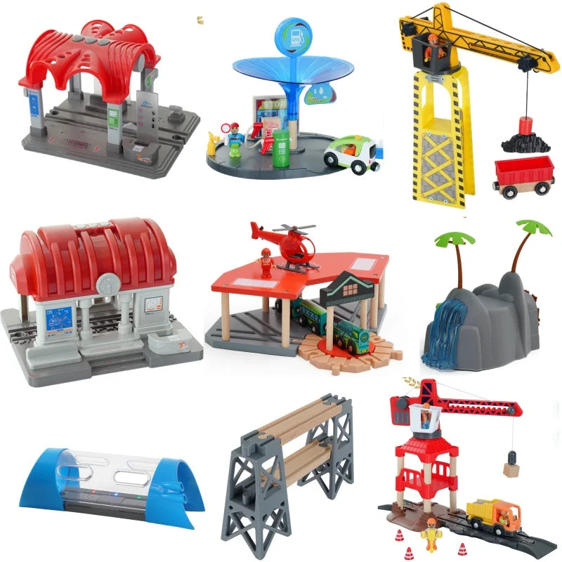 Wooden Train Tracks Railway Toys Set Parking lot apron fire station gas station rotary crane Overpass Model for Kids Toys Gifts