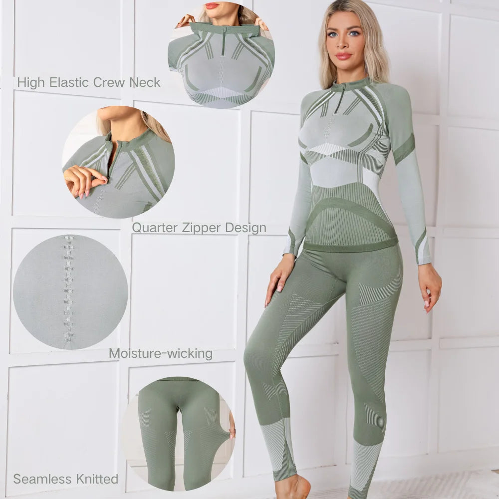 Anfilia Women Ski Thermal Underwear Sets Moisture-wicking Tight Zipper Crew Neck Seamless knitted Base Layer Long Johns For Home