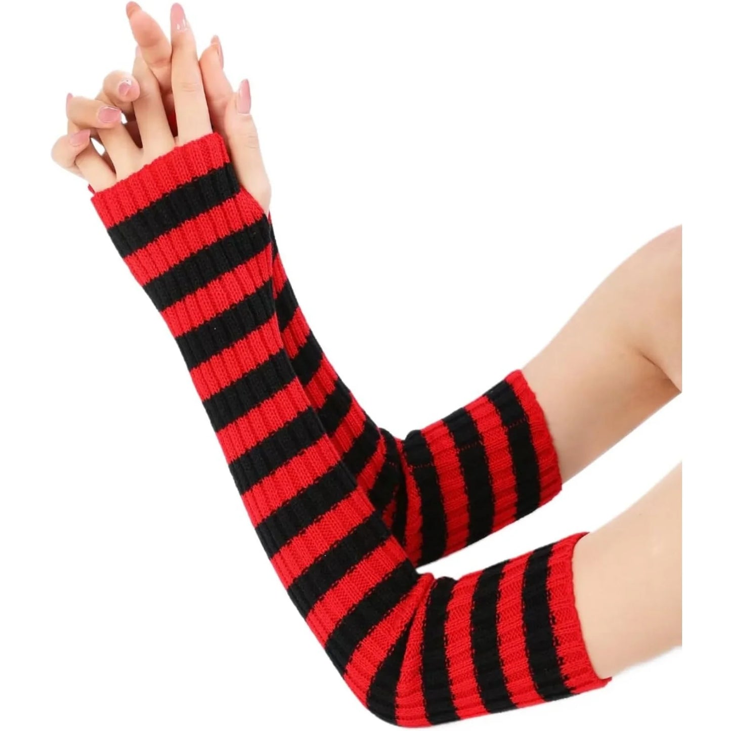 A Pair OfAutumn Winter Striped Knitted Fingerless Gloves For Women-Long Arm Warmers, Fashion Grunge Style Cold Weather Accessory
