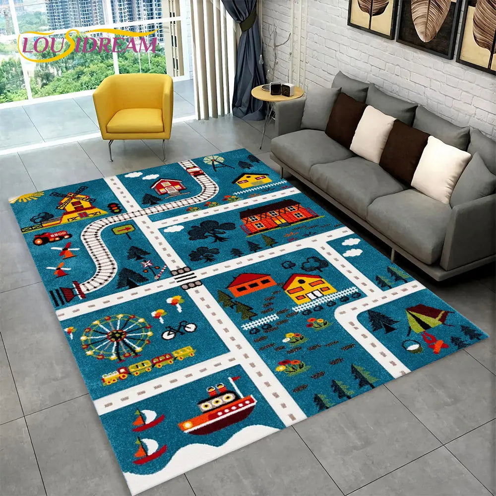 Child Playmat Highway City Traffic Playroom Area Rug Large,Carpet Rug for Living Room Bedroom Decor,Kids Play Non-slip Floor Mat