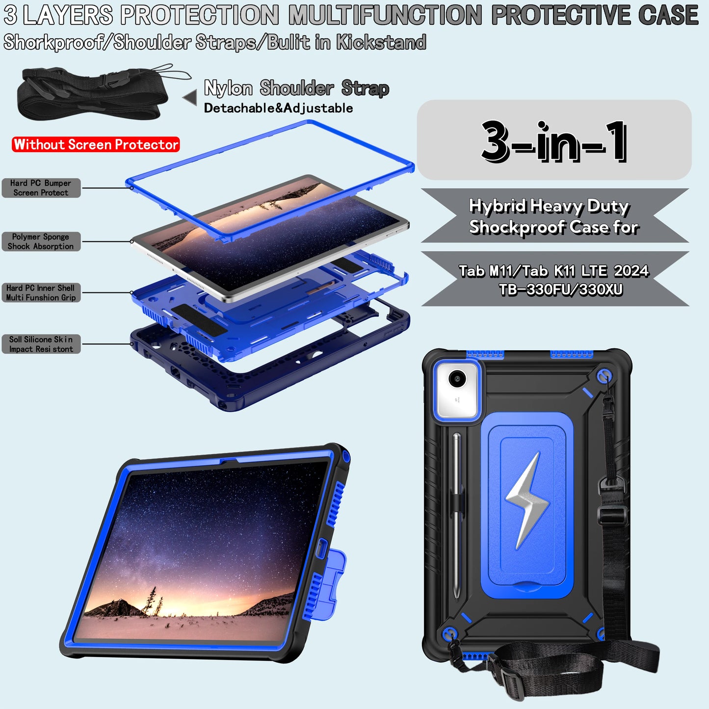 For Lenovo Tab M11 Xiaoxin Pad 2024 11" TB331FC 330FU  Kids Shockproof Tablet Protector Case  With Shoulder Strap and Kickstand