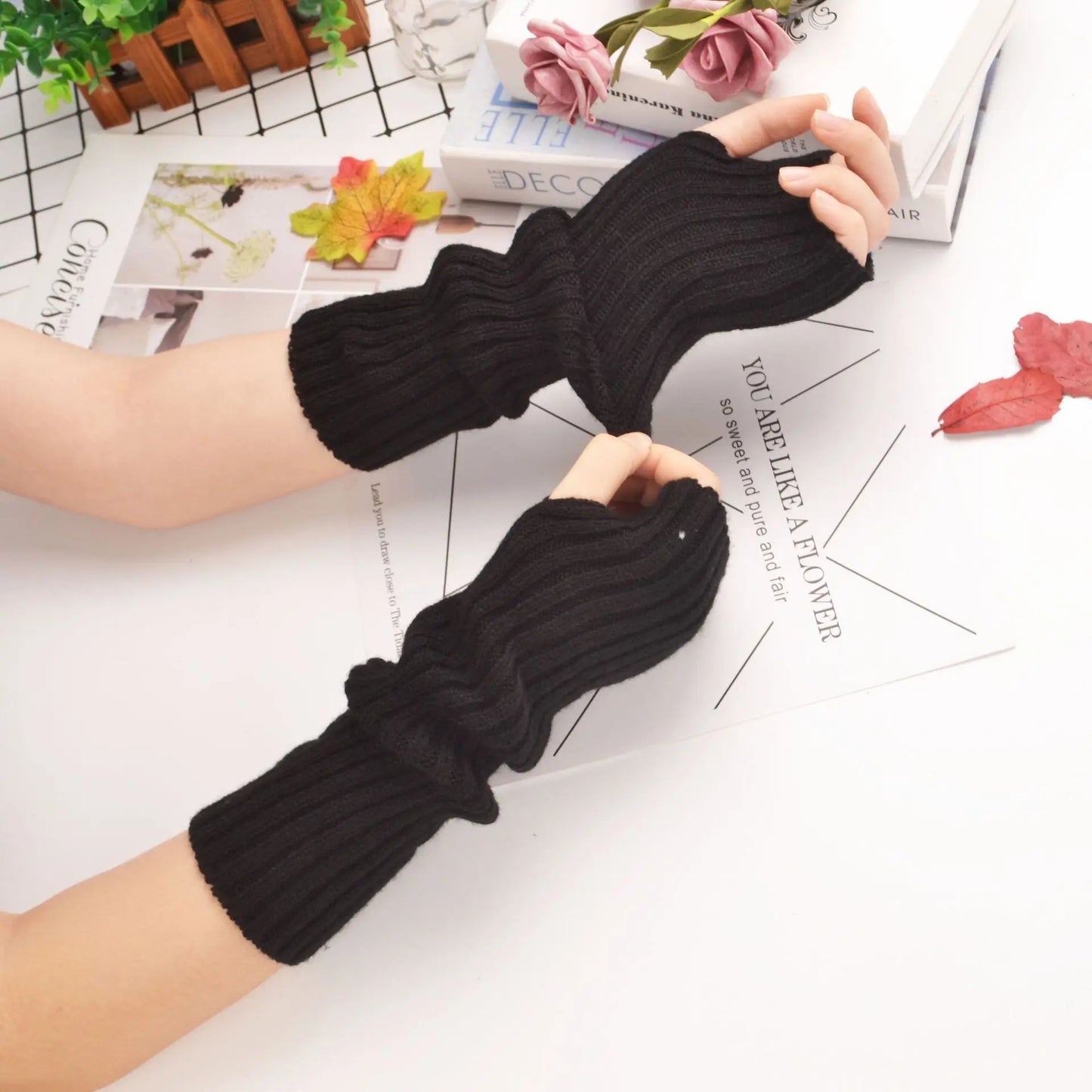 Winter Knit Arm Sleeves – Soft Cashmere Mix Fingerless Mittens & Elbow Protector (Thumb Opening Design)