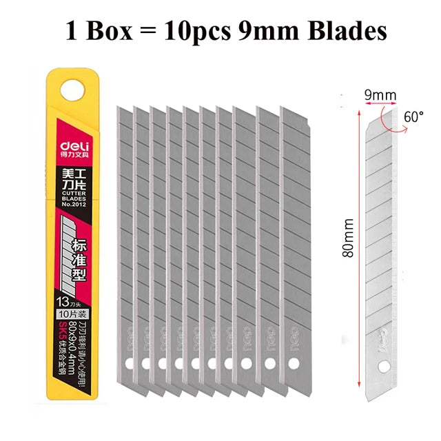 Deli Retractable Box Cutter 9mm 30 Degree Blade Utility Knife Carbon Steel Self-Locking Design Cutting Tools Wallpaper Carton
