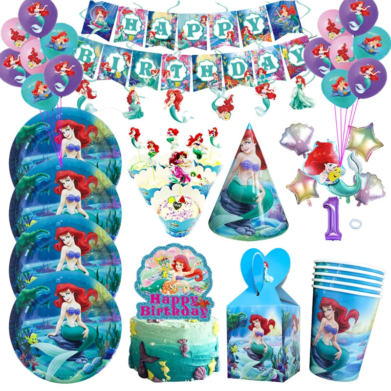 Disney Little Mermaid Theme Girl Kids First Birthday Party Decoration Disposable Tableware Plate Napkins Banner Ariel Backdrops