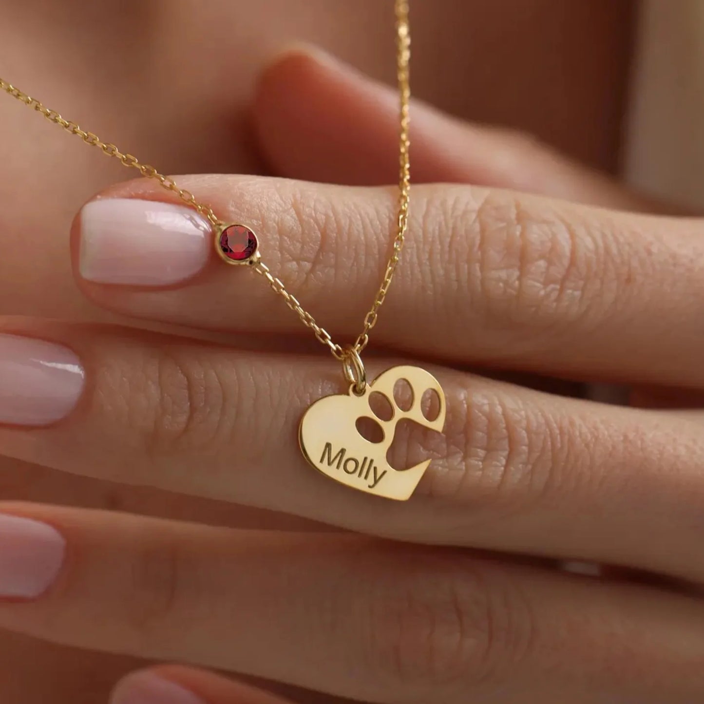 Jeshayuan Personalized Heart Shaped Engraved Paw Print Necklace Customized Name Necklaces with Birth Stone Jewelry Gift for Love