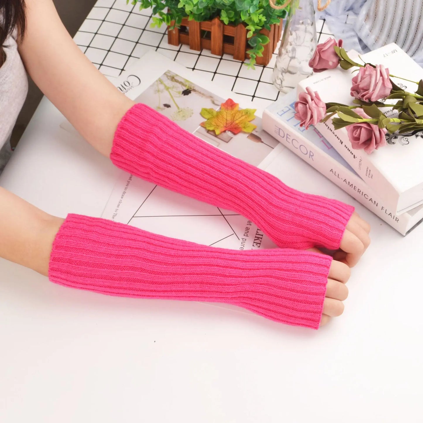 Winter Knit Arm Sleeves – Soft Cashmere Mix Fingerless Mittens & Elbow Protector (Thumb Opening Design)