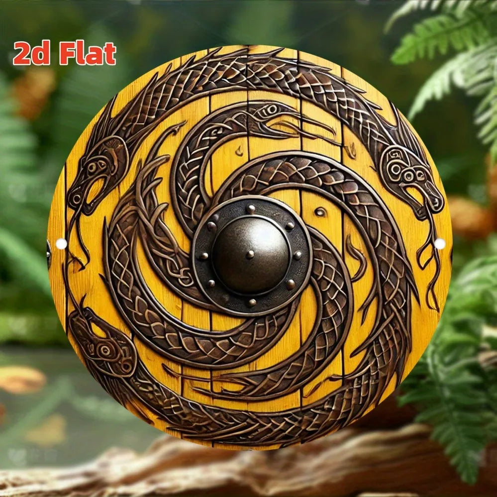 Viking Style Dragon Shield - Metal Tin Wall Art, Round Decor for Home, Office & Garden - Durable, Easy To Clean Gift