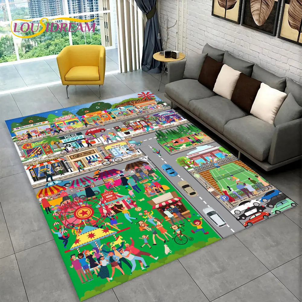 Child Playmat Highway City Traffic Playroom Area Rug Large,Carpet Rug for Living Room Bedroom Decor,Kids Play Non-slip Floor Mat