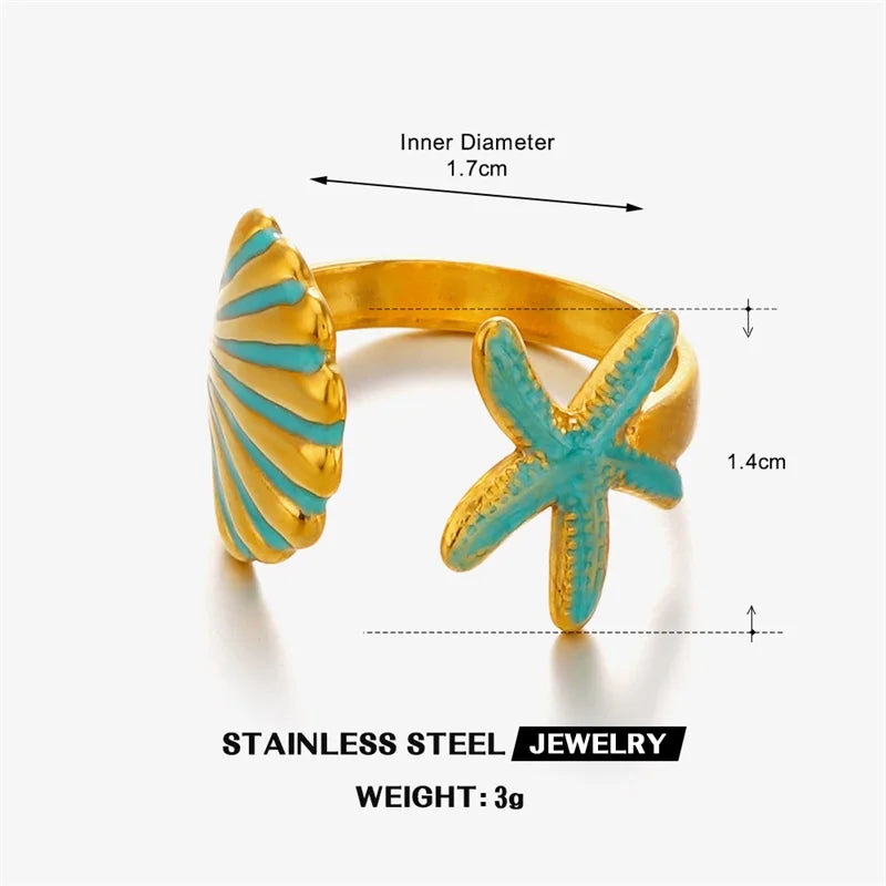 EILIECK 316L Stainless Steel Enamel Starfish Shells Open Adjustable Ring for Women Waterproof Chic Beach Summer Ring Jewelry