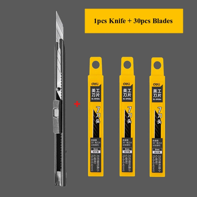 Deli Retractable Box Cutter 9mm 30 Degree Blade Utility Knife Carbon Steel Self-Locking Design Cutting Tools Wallpaper Carton