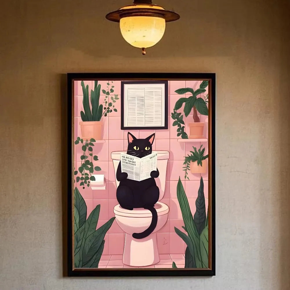 Funny Black Cat Reading Newspapers on The Toilet Canvas Print Green Pink  Animal Wall Art Poster for Modern Bathroom Home Decor