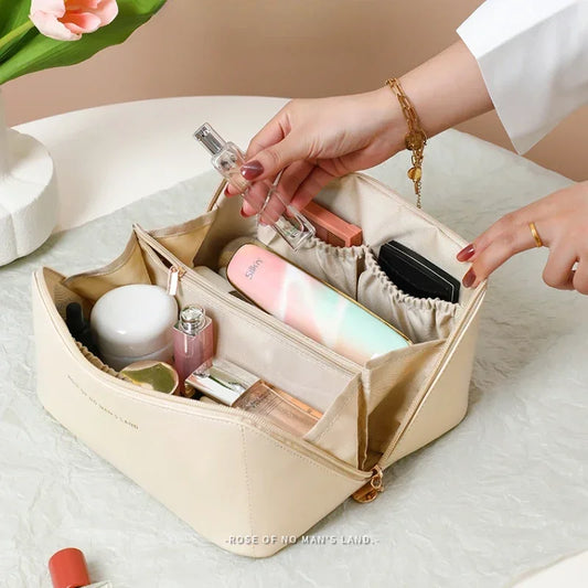 Premium Large Capacity PU Leather Cosmetic Bag - Travel Toiletry Organizer