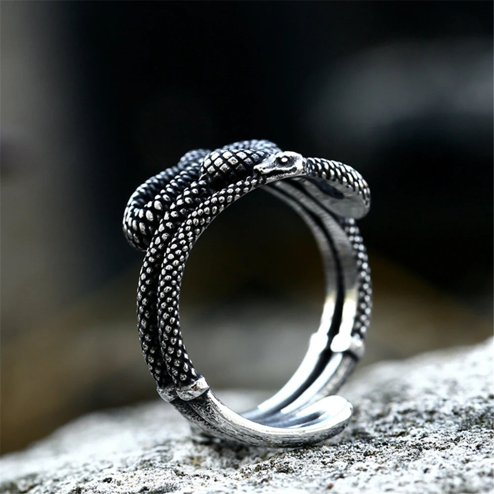 Punk Norse Mythology Jormungand Snake Ring Men Women Opening Stainless Steel Ouroboros Viking Male Retro Icelandic Jewelry Gifts