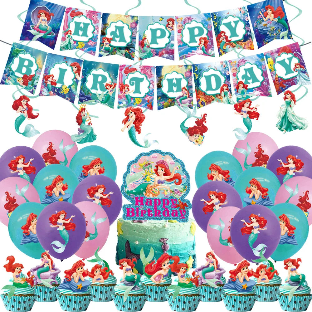 Disney Little Mermaid Theme Girl Kids First Birthday Party Decoration Disposable Tableware Plate Napkins Banner Ariel Backdrops