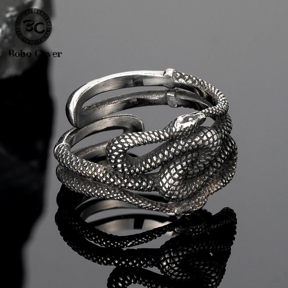 Punk Norse Mythology Jormungand Snake Ring Men Women Opening Stainless Steel Ouroboros Viking Male Retro Icelandic Jewelry Gifts