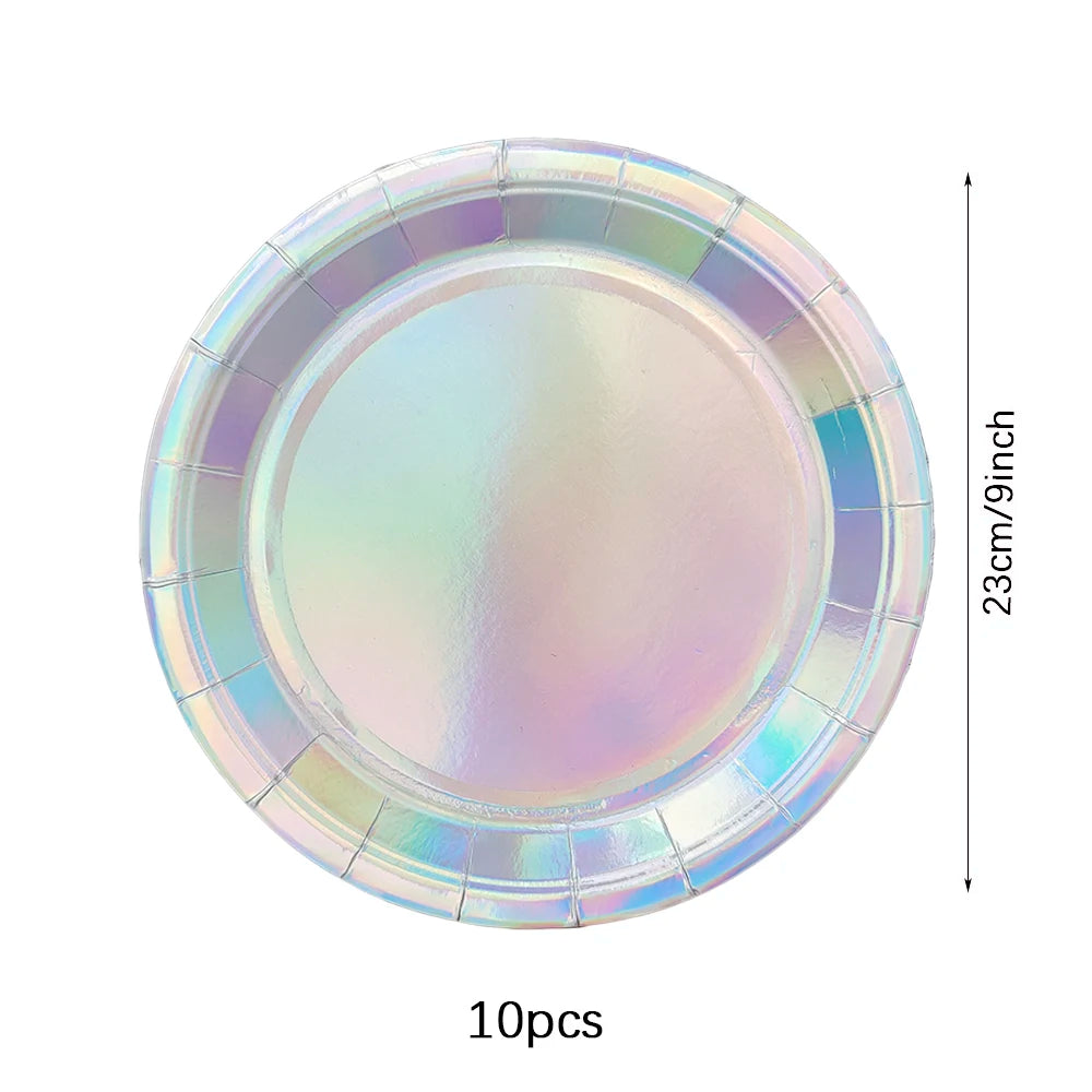 Laser Disposable Tableware Sets Silver Party Paper Cups Paper Plates Straw Party Tableware Wedding Decor Birthday Party Supplies