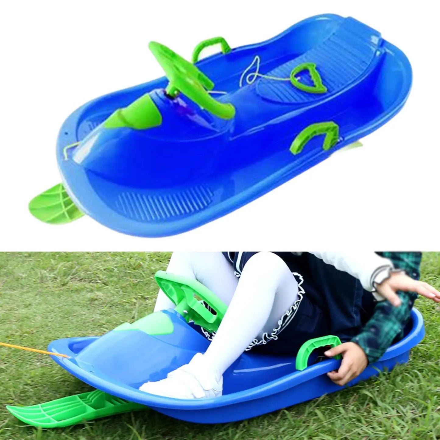 Steerable Snow Sled with Steering Wheel Brake Grass Sled Multipurpose Downhill Sled Lightweight Snow Sledge for Boys Children