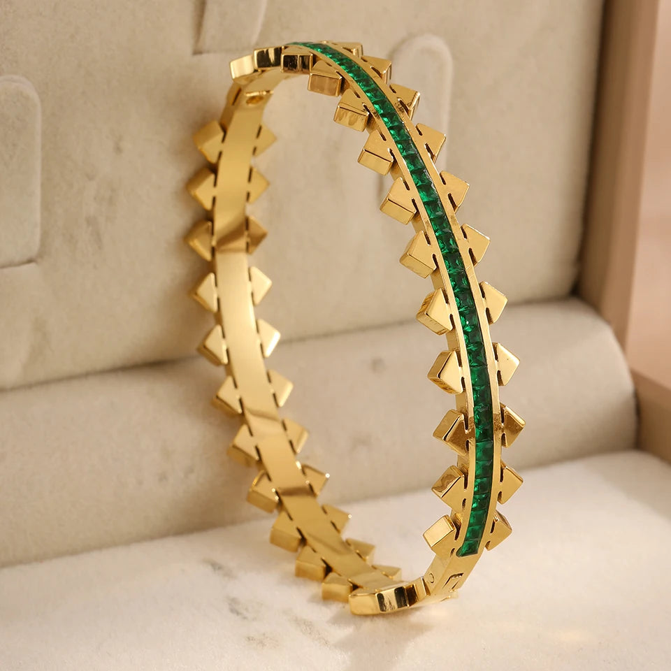 Yupsk 3Pcs/Set 316L Stainless Steel Green Zircon Inlaid Bracelets for Women Fashion Versatile Jewelry for Every Occasions
